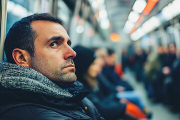 Thoughtful man commutes in busy urban subway train during winter