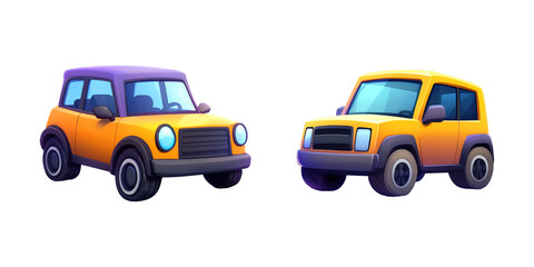 Colorful cartoon cars in side view, vibrant colors, isolated on purple.