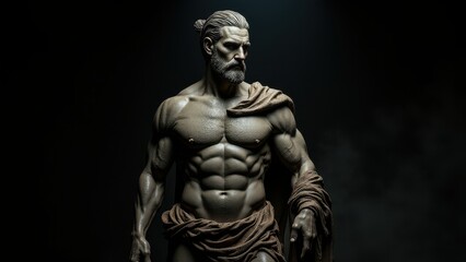 Obraz premium Realistic digital sculpture of a powerful man, wearing a cloak, posed against a banner stoic background, creating a sense of authority and stillness.