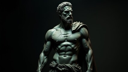 Obraz premium Sculpted male figure with a muscular physique and cloak, presented with a banner stoic background, evoking classical strength and composure.