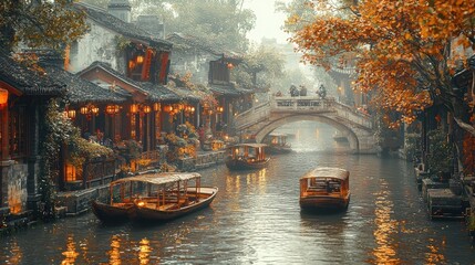 Obraz premium Water canal with stone bridge and boats.