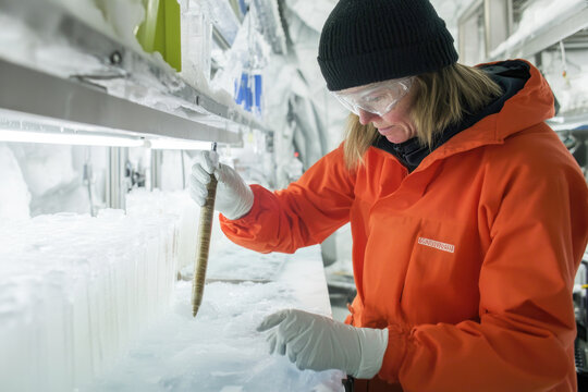Scientist examining ice cores in arctic laboratory for climate research - Powered by Adobe