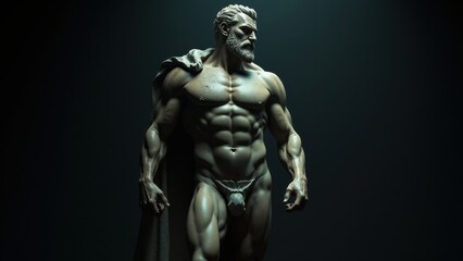 Obraz premium Realistic digital sculpture of a powerful man, wearing a cloak, posed against a banner stoic background, creating a sense of authority and stillness.