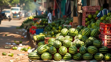 watermelons and melons are piled up on the street near the market for sale in one