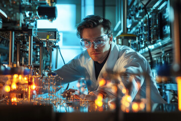 Innovative scientist working in futuristic lab with advanced technology and quantum computing equipment