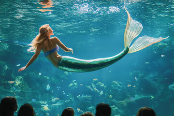 Enchanting mermaid swimming gracefully in aquarium with mesmerized audience watching