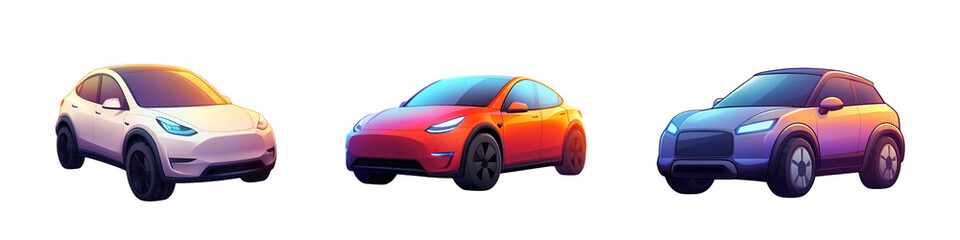 Set of three vibrant colored cars side view