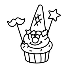 Clown cupcake icon in doodle style 

