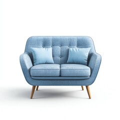 Modern blue couch with cushions on a white isolated background.
