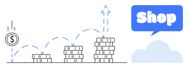 Coin stacks rise progressively with an upward arrow, indicating growing profits. A shop sign in a speech bubble suggests e-commerce. Ideal for finance, business growth, e-commerce, investment