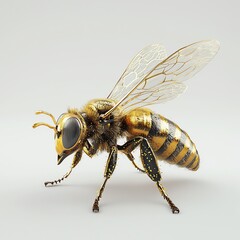 Detailed bee illustration, white isolate background.