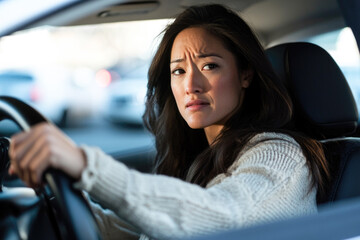 Concerned woman driving car with focused expression and hands on wheel