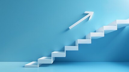 White arrow flows on cube stair shape against blue backdrop business way concept minimal style