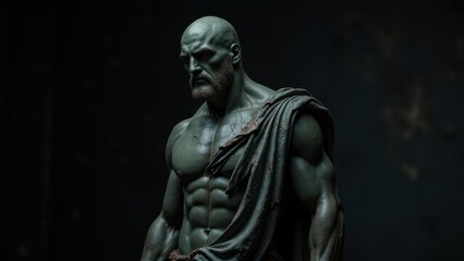Statuesque male form in a dynamic pose, draped with a cloak, set against a banner stoic background, symbolizing power and calm.