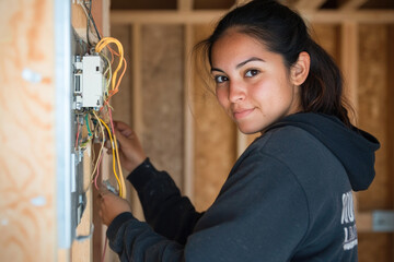 Female electrician working on wiring in residential construction setting