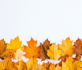 Fototapeta premium Typical maple tree leaves in autumn are golden orange brown in color. Winter tree canopy foliage isolated from a white background.