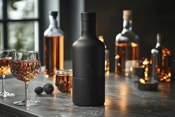 Black Liquor Bottle with Textured Design and Glass of Wine on a Tabletop