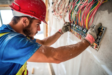 Skilled electrician installing wiring in construction site with safety gear and tools