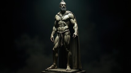Obraz premium Statuesque male form in a dynamic pose, draped with a cloak, set against a banner stoic background, symbolizing power and calm.