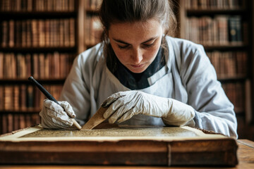 Dedicated conservator restores ancient manuscript in historical library setting