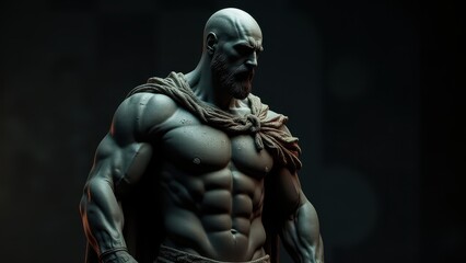 Sculpted male figure with a muscular physique and cloak, presented with a banner stoic background, evoking classical strength and composure.