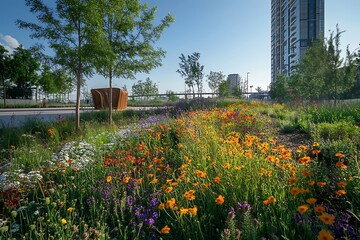 Obraz premium Urban Landscape with Colorful Wildflowers