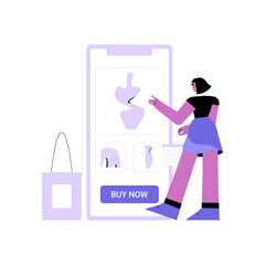 Female Shopping For Art Supplies On Mobile Device In Flat Vector Illustration Symbolizing E Commerce, Online Shopping, And Creativity, Isolated On White Background.