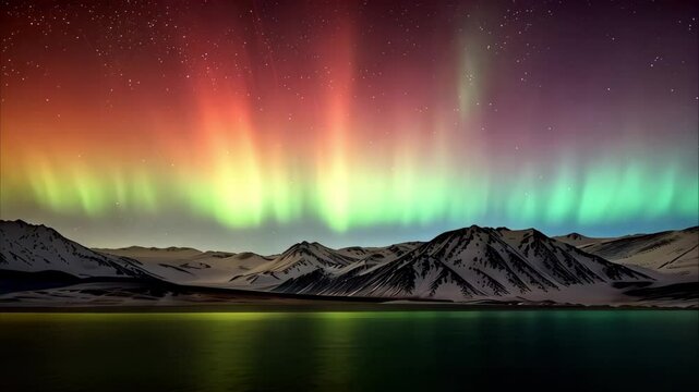 A stunning display of the northern lights (aurora borealis) illuminating the night sky over snow-capped mountains and a calm lake.