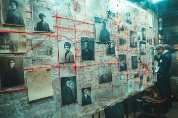 Fototapeta premium A detective board filled with notes, photos, and red strings connecting clues. Generative AI
