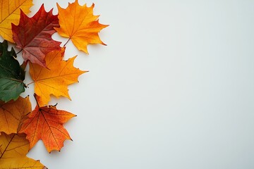 This autumn leaf background includes many yellow maple leaves with space for text. It is made up of many yellow maple leaves on a white background.