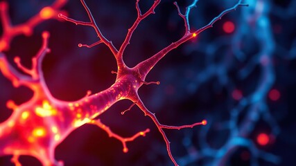 A close-up image of a neuron cell forming rapid connections with other cells, microcosm, intricate
