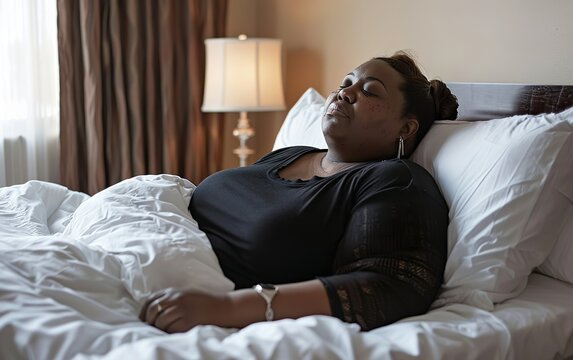 Slowcation poster. Curvy middle aged African American woman wearing tshirt enjoying her vacation sleeping alone in a hotel bed. Heavy, plump, black lady taking a nap. Inclusivity, self care concept