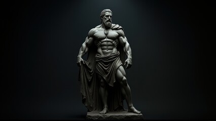 Realistic digital sculpture of a powerful man, wearing a cloak, posed against a banner stoic background, creating a sense of authority and stillness.