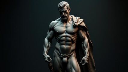 Sculpted male figure with a muscular physique and cloak, presented with a banner stoic background, evoking classical strength and composure.