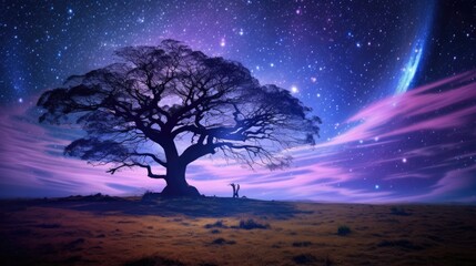 Majestic Tree Silhouette Against a Starry Night Sky with Vibrant Cosmic Colors and Dreamlike Atmosphere