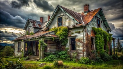 Drone Photography of a Run Down Abandoned House Surrounded by Overgrown Vegetation and Decaying Structures