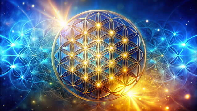 Glowing Flower of Life sacred geometry in cosmic background