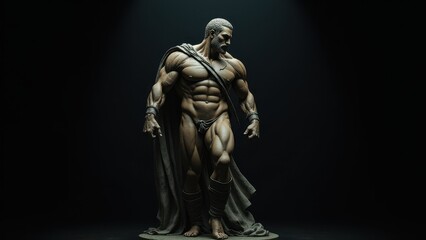 Fototapeta premium Detailed sculpture of a bearded man with defined muscles, captured with a banner stoic background, representing timeless strength.