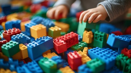 Fototapeta premium A child plays with colorful toy building blocks.