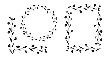Campanula. Black decorative elements with bellflowers: wreath, decorative line, rectangular border. Design elements for invitations, postcards, banners.