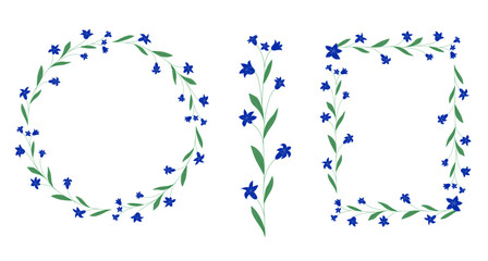Campanula.Colorful decorative elements with bellflowers: wreath, decorative line, rectangular border . Design elements for invitations, postcards, banners.
