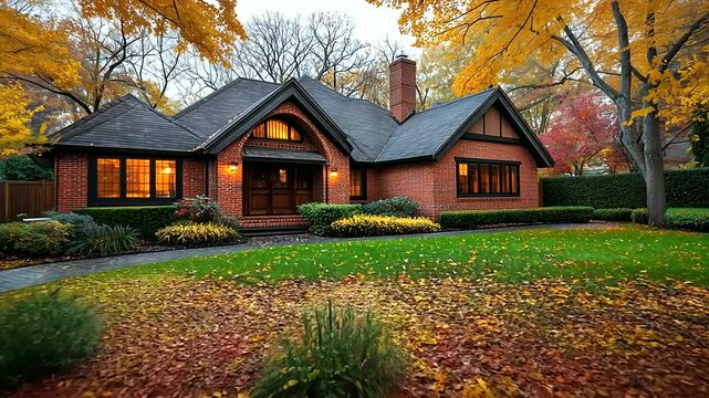 A brick and wood suburban home sits nestled in a vibrant autumn garden. The backyard is adorned with red, yellow, and orange trees