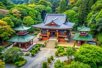 Fototapeta premium Drone Photography of Shinto Shrines with Money Offering Symbolizing Prayer and Dedication to Japanese Gods