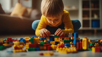 Fototapeta premium A young boy playing with colorful toy building blocks.