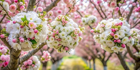 Fototapeta premium Aerial view of white and pink flower bouquets covering tree branches