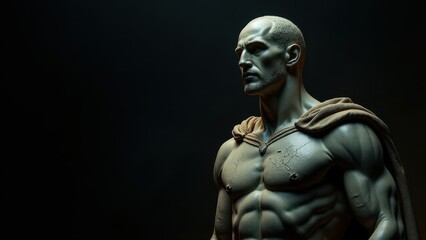 Statuesque male form in a dynamic pose, draped with a cloak, set against a banner stoic background, symbolizing power and calm.