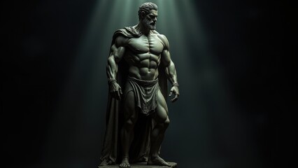 Fototapeta premium Detailed sculpture of a bearded man with defined muscles, captured with a banner stoic background, representing timeless strength.