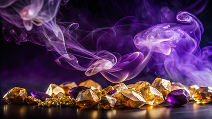 Obraz premium Purple smoke swirling over golden and amethyst crystals