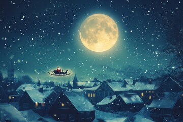 Naklejka premium A magical Christmas night sky background with Santa’s sleigh silhouetted against the full moon, flying over a snow-covered town. Stars twinkle in the clear sky, and rooftops are dusted with fresh snow