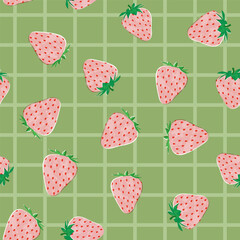 Strawberry colorful vector seamless pattern background. Fruit illustration isolated on green background. Seamless background with strawberries for wrapping paper, wallpaper